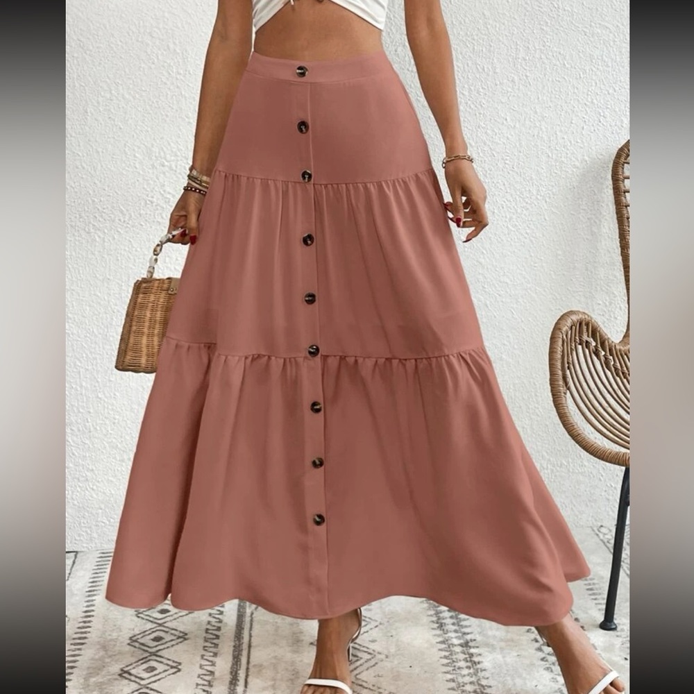Boho dusty pink button detail ruffle hem maxi skirt - Picture 2 of 16
